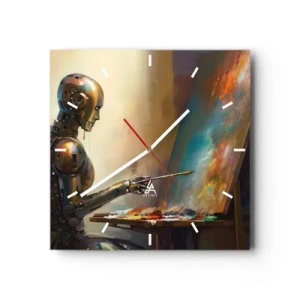 Wanduhr - Glasuhr - Ein Roboter, der im künstlerischen Stil auf einer Leinwand malt - 30x30cm - Die Kunst der Zukunft - Moderne Wanddekoration für Wohnzimmer und Schlafzimmer ARTTOR