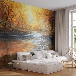 Selbstklebende Fototapete Deluxe Sticker - Der goldene Strom - Landschaft, Gebirgsbach, Wald - 200x140 cm
