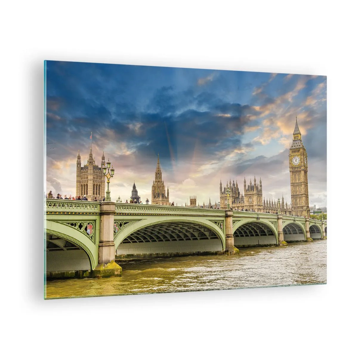 Glasbild - Bild auf glas - Big Ben und Westminster Bridge bei Sonnenuntergang - 70x50cm - Im Imperium ist die Zeit stehen geblieben - Moderne Wanddekoration für Wohnzimmer und Schlafzimmer ARTTOR