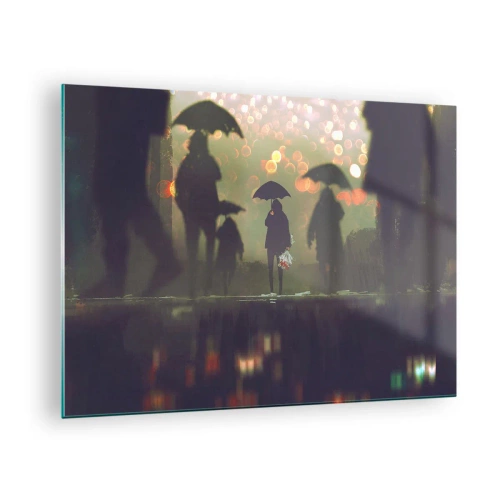 Glasbild - Bild auf glas - Figuren mit Regenschirmen im Regen vor dem Hintergrund der Lichter der Stadt - 70x50cm - Aus der Perspektive eines Regentropfens - Moderne Wanddekoration für Wohnzimmer und Schlafzimmer ARTTOR