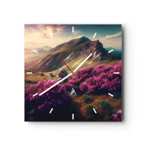 Wanduhr - Glasuhr - Berglandschaft mit blühenden Rhododendren - 30x30cm - Sommer in den Bergen - Moderne Wanddekoration für Wohnzimmer und Schlafzimmer ARTTOR