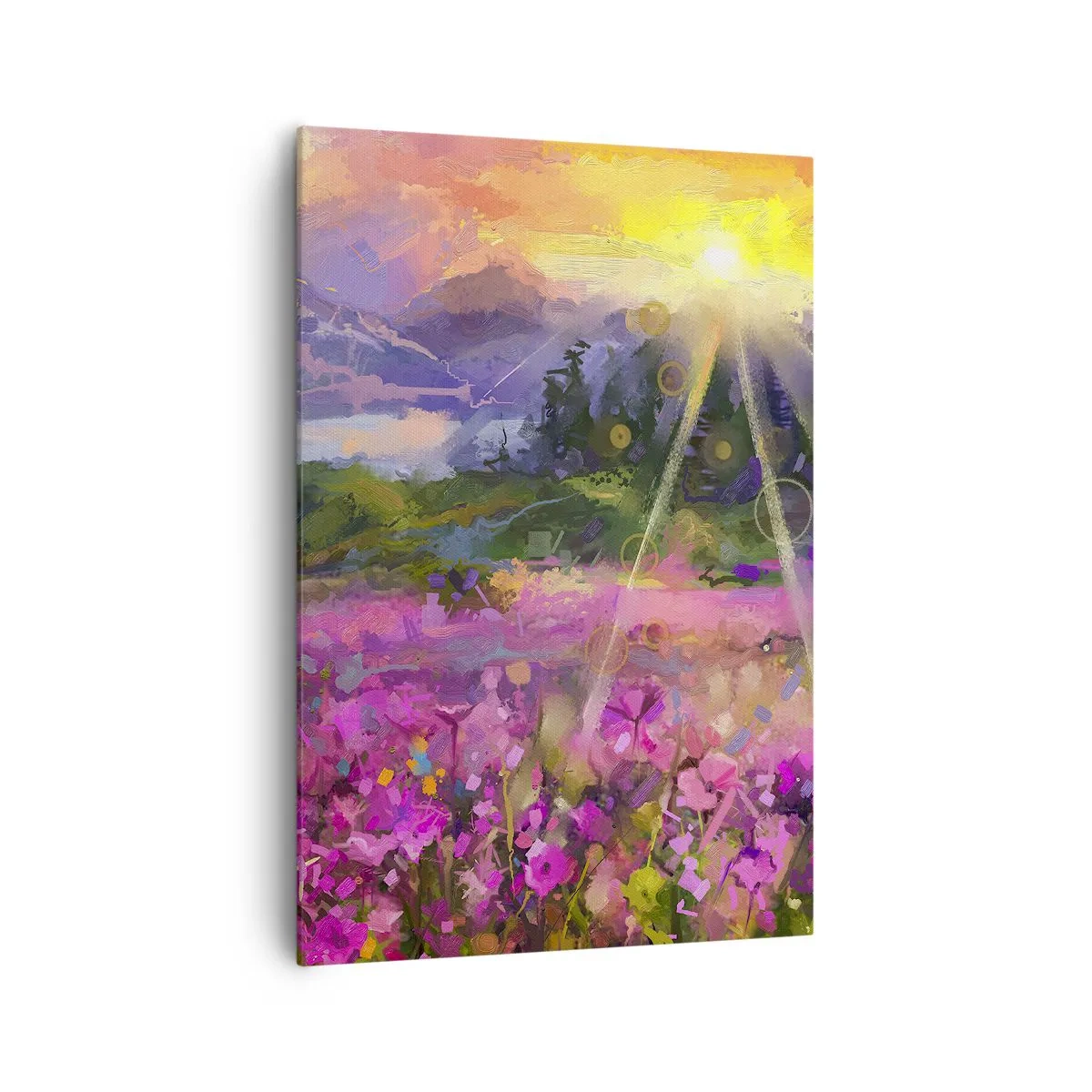 Bild auf Leinwand - Leinwandbild - Eine malerische Wiese in den Strahlen der untergehenden Sonne - 70x100cm - Im Tal unter dem Schutz der Sonne - Moderne Wanddekoration für Wohnzimmer und Schlafzimmer ARTTOR