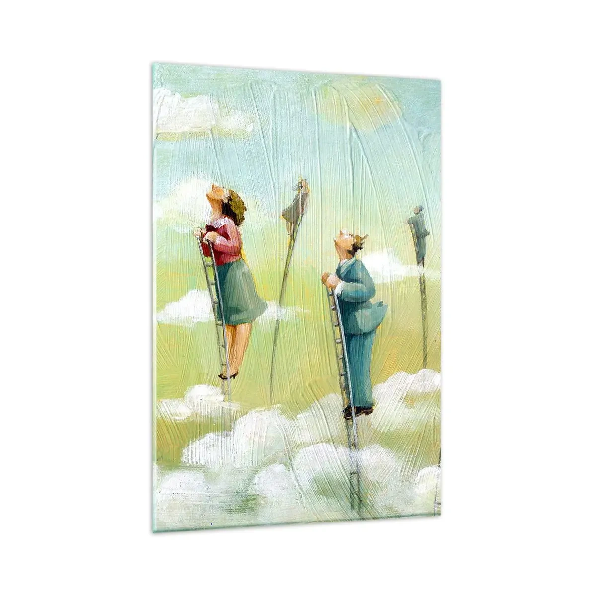 Glasbild - Bild auf glas - Figuren, die auf pastellfarbenem Hintergrund zwischen Wolken Leitern hochklettern. - 80x120cm - Hinter deinem Traum - Moderne Wanddekoration für Wohnzimmer und Schlafzimmer ARTTOR