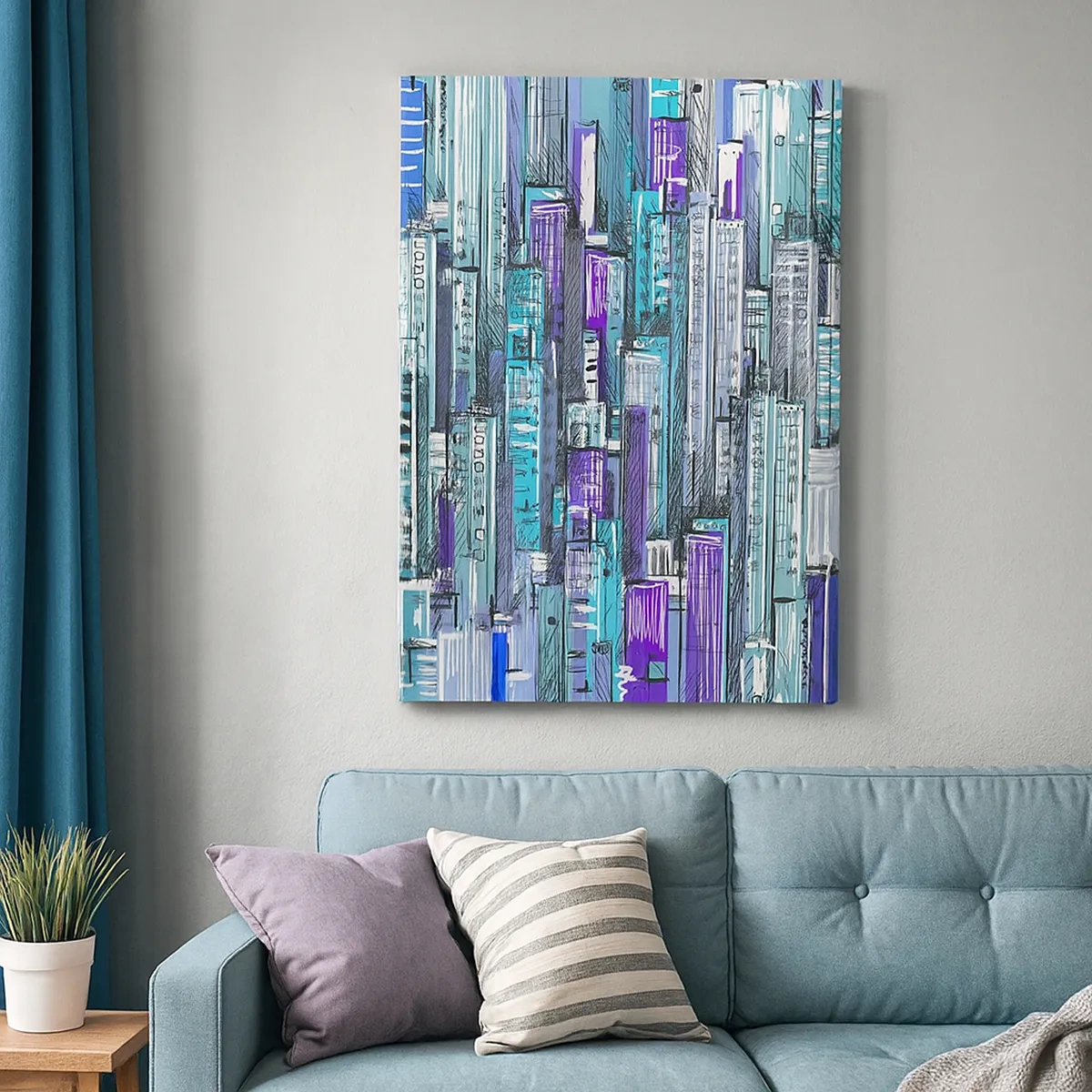 Bild auf Leinwand - Leinwandbild - Illustration einer Stadt mit geometrischen Gebäuden in Blau- und Lilatönen. - 50x70cm - Bläulich von dem Himmel - Moderne Wanddekoration für Wohnzimmer und Schlafzimmer ARTTOR