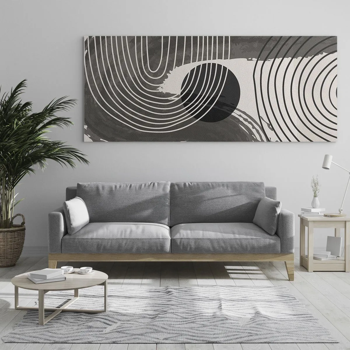 Glasbild - Bild auf glas - Geometrische Linien und Ovale in monochromen Farbtönen - 160x50cm - Oval gewinnt - Moderne Wanddekoration für Wohnzimmer und Schlafzimmer ARTTOR