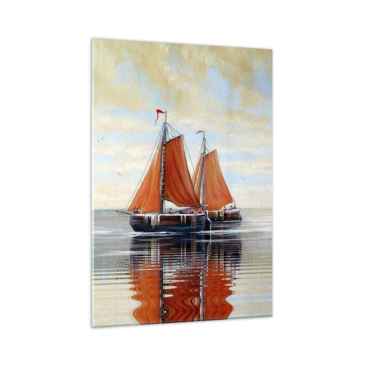 Glasbild - Bild auf glas - Segelschiffe auf ruhiger See bei Sonnenuntergang - 50x70cm - Hey, Segel, Matrose ... - Moderne Wanddekoration für Wohnzimmer und Schlafzimmer ARTTOR