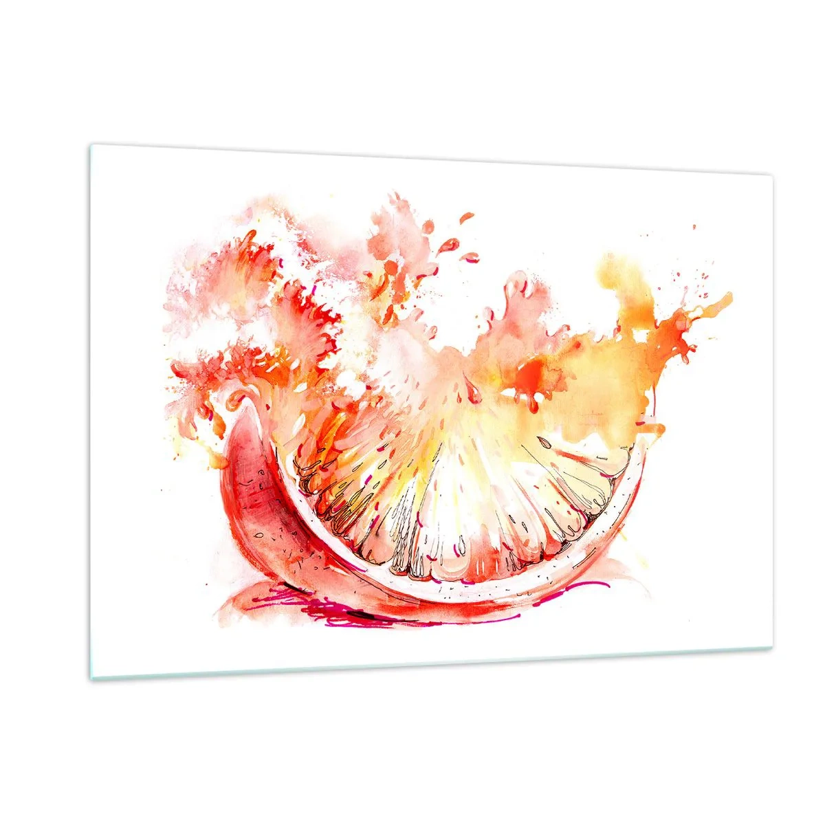 Glasbild - Bild auf glas - Aquarellmalerei eines saftigen Grapefruitsegments in Bewegung - 120x80cm - Saftige Erfrischung - Moderne Wanddekoration für Wohnzimmer und Schlafzimmer ARTTOR