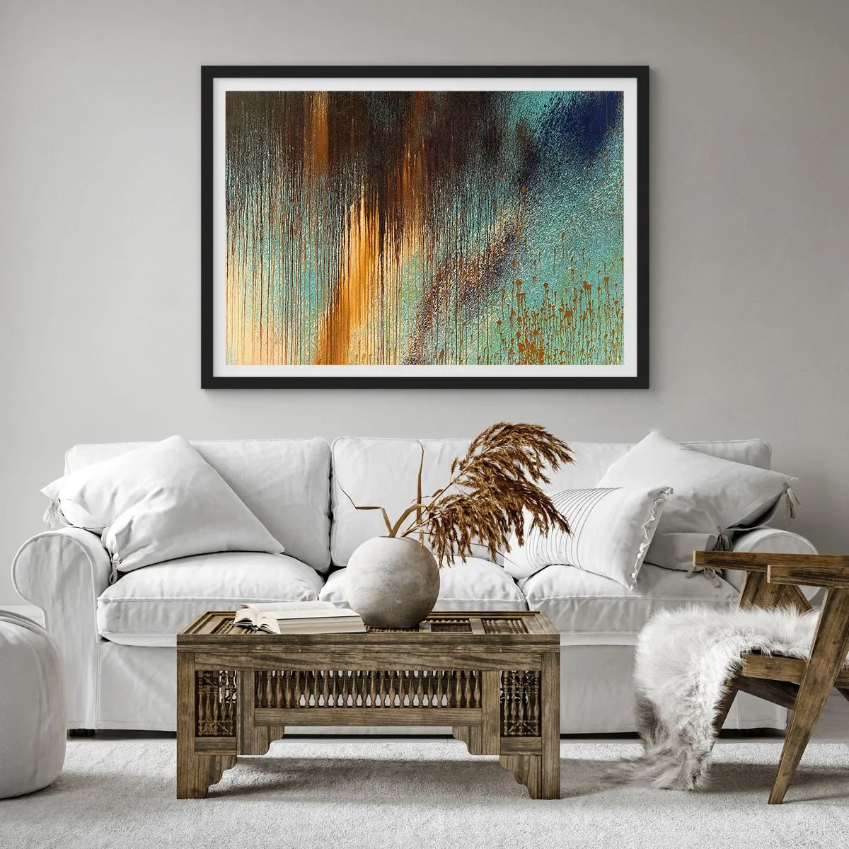 Poster in einem schwarzem Rahmen - Eine abstrakte Farbkomposition in Gold-, Braun- und Blautönen. - 70x50cm - Eine nicht zufällige farbenfrohe Komposition - Moderne Wanddekoration für Wohnzimmer und Schlafzimmer ARTTOR