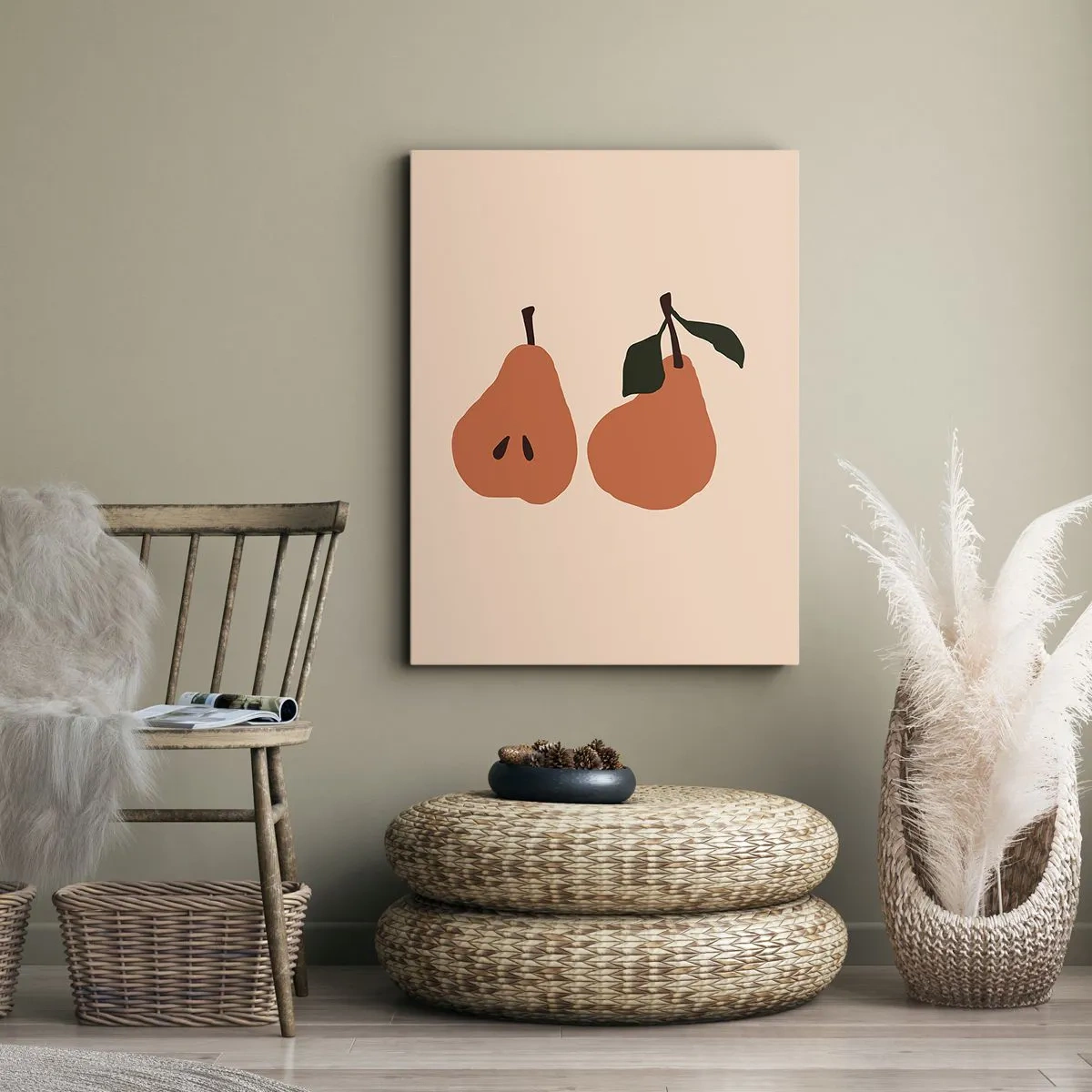 Bild auf Leinwand - Leinwandbild - Eine minimalistische Illustration von zwei Birnen auf beigem Hintergrund. - 50x70cm - Pure Süße - Moderne Wanddekoration für Wohnzimmer und Schlafzimmer ARTTOR