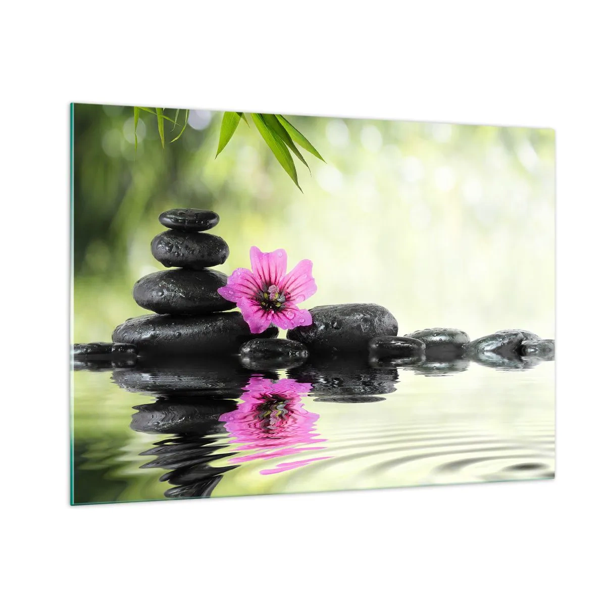 Glasbild - Bild auf glas - Schwarze Steine und eine rosa Blume vor dem Hintergrund der Natur - 100x70cm - Zeit für die Seele - Moderne Wanddekoration für Wohnzimmer und Schlafzimmer ARTTOR