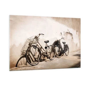 Glasbild - Bild auf glas - Retro-Fahrräder lehnen an einer alten Mauer - 120x80cm - Der unvergessliche Charme der Vergangenheit - Moderne Wanddekoration für Wohnzimmer und Schlafzimmer ARTTOR