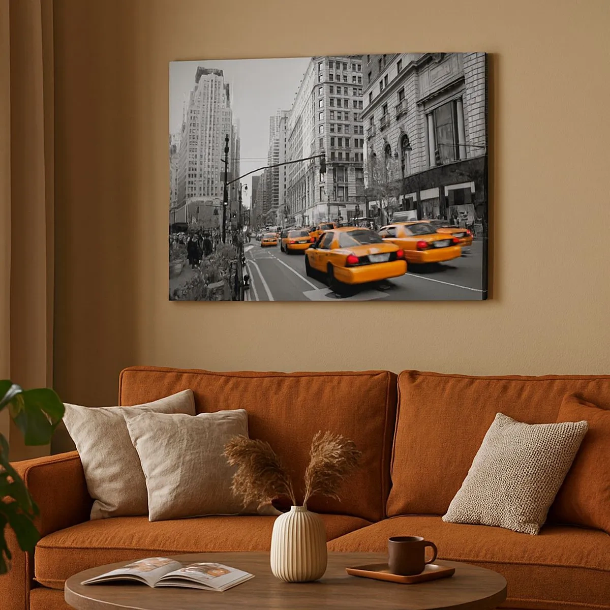 Bild auf Leinwand - Leinwandbild - Gelbe Taxis auf den Straßen von New York - 70x50cm - Sonnen der Großstadt - Moderne Wanddekoration für Wohnzimmer und Schlafzimmer ARTTOR