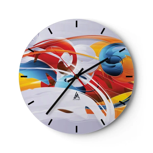 Wanduhr - Glasuhr - Abstrakte Formen in dynamischen Rot-, Blau- und Gelbtönen - 30x30cm - Der Tanz der Elemente - Moderne Wanddekoration für Wohnzimmer, Küche und Schlafzimmer ARTTOR
