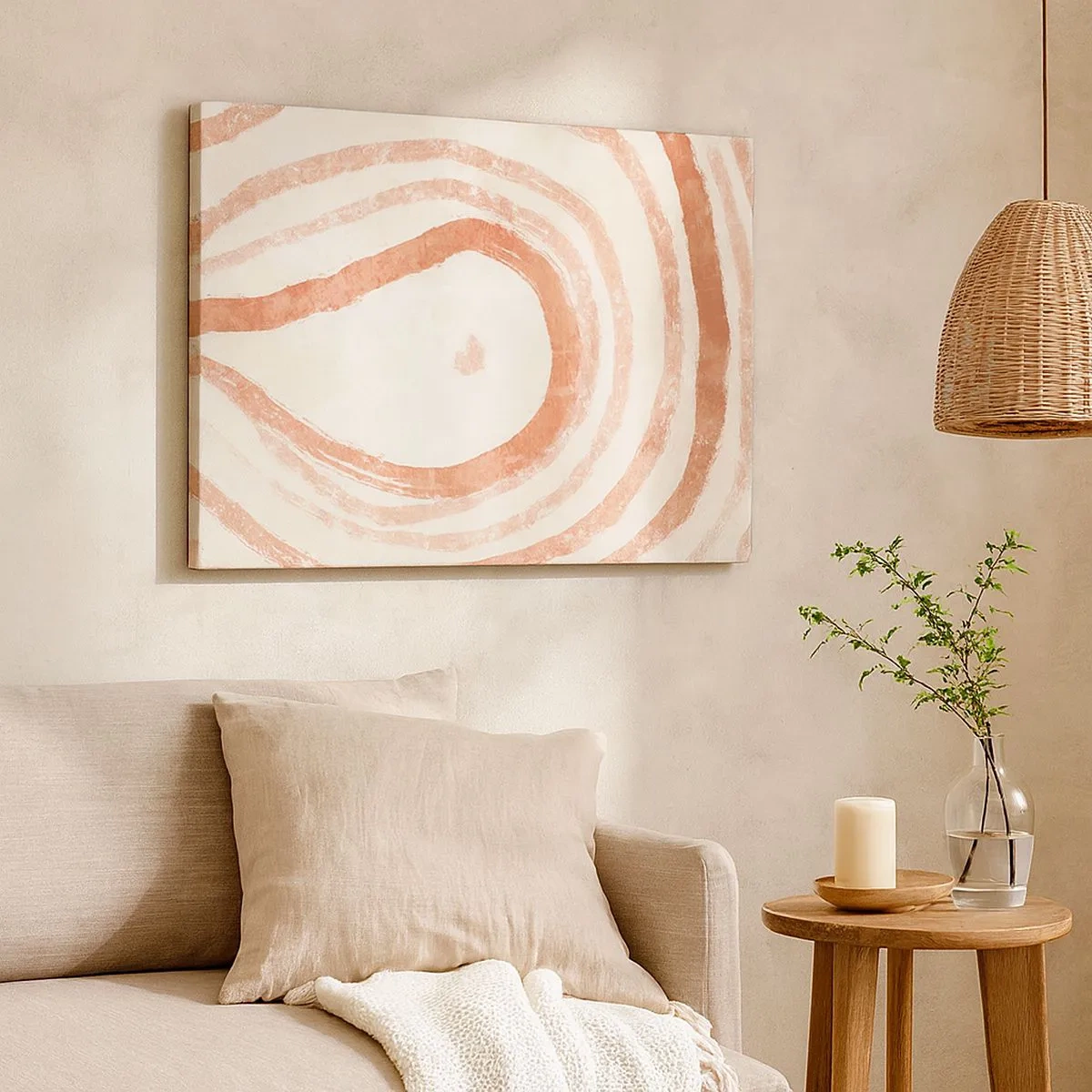 Bild auf Leinwand - Leinwandbild - Ein abstraktes Motiv aus konzentrischen Linien in Terrakotta-Tönen. - 70x50cm - Korallenkreise – Komposition - Moderne Wanddekoration für Wohnzimmer und Schlafzimmer ARTTOR
