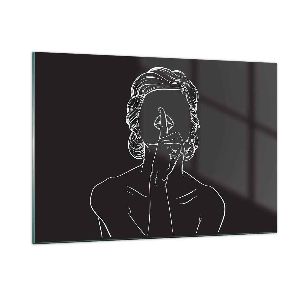 Glasbild - Bild auf glas - Eine minimalistische Silhouette einer Frau, die eine Geste des Schweigens macht. - 120x80cm - Schönheit erblüht in der Stille - Moderne Wanddekoration für Wohnzimmer und Schlafzimmer ARTTOR