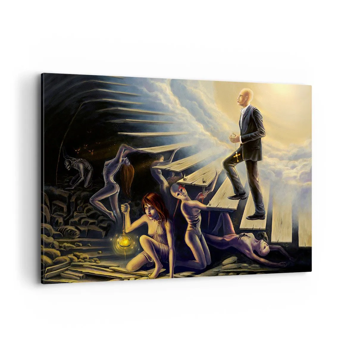 Bild auf Leinwand - Leinwandbild - Eine symbolische Szene des Weges zum Licht durch eine verfallene Treppe - 100x70cm - Danteske Reise zum Licht - Moderne Wanddekoration für Wohnzimmer und Schlafzimmer ARTTOR