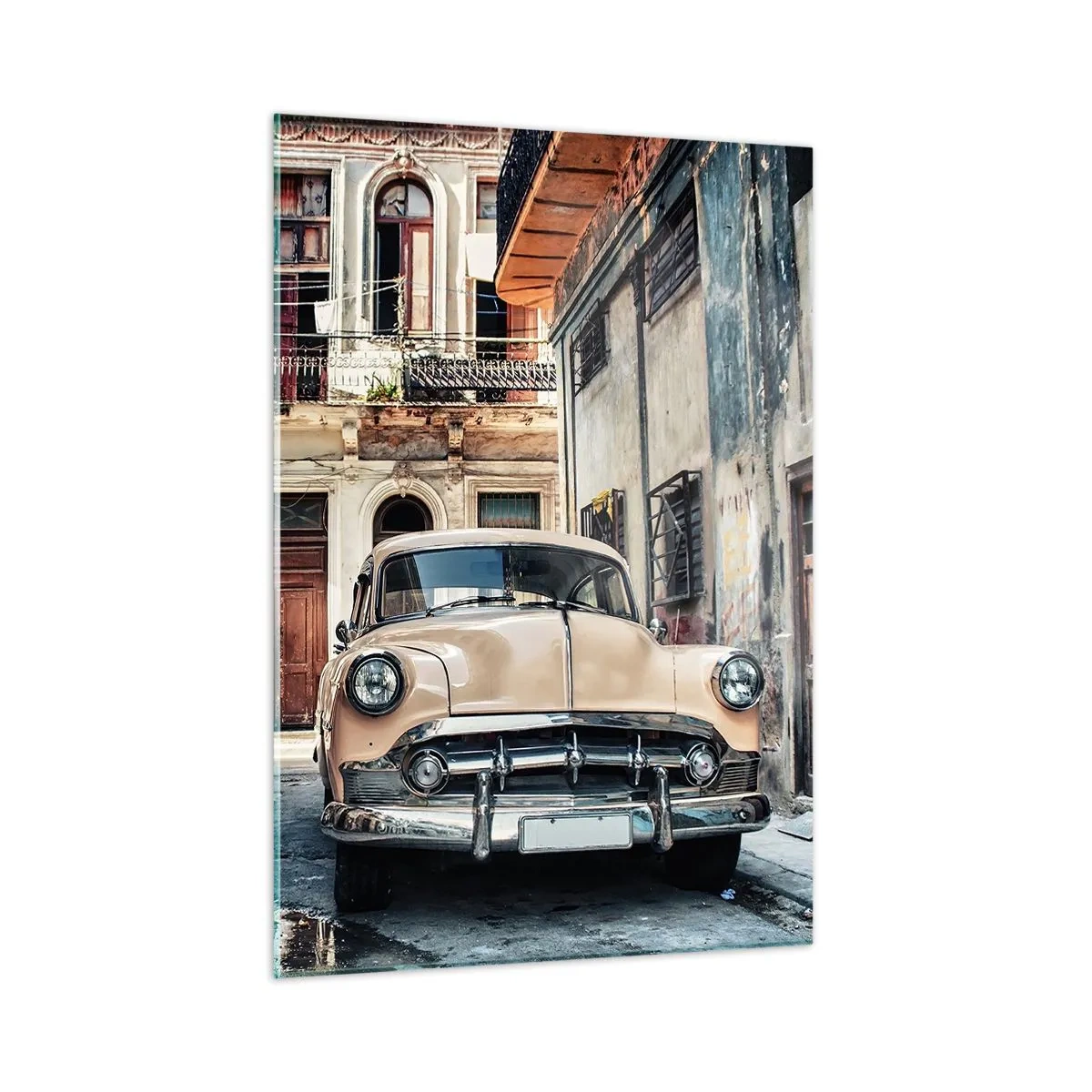 Glasbild - Bild auf glas - Retro-Auto auf der Straße der Altstadt - 50x70cm - Die Siesta in Havanna - Moderne Wanddekoration für Wohnzimmer und Schlafzimmer ARTTOR