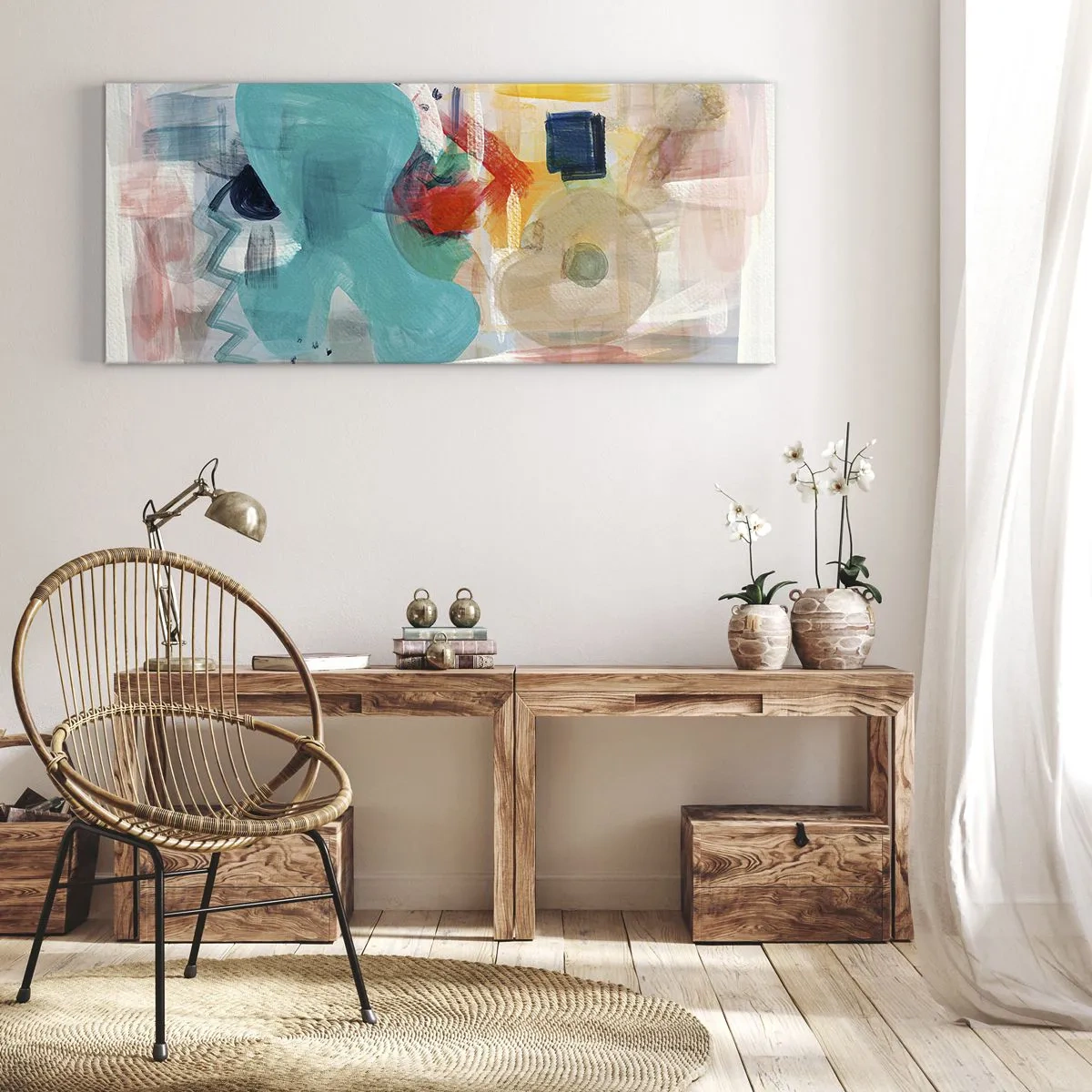 Bild auf Leinwand - Leinwandbild - Abstrakte Formen und Farben schaffen eine dynamische Komposition - 140x50cm - Buntes Spiel - Moderne Wanddekoration für Wohnzimmer und Schlafzimmer ARTTOR