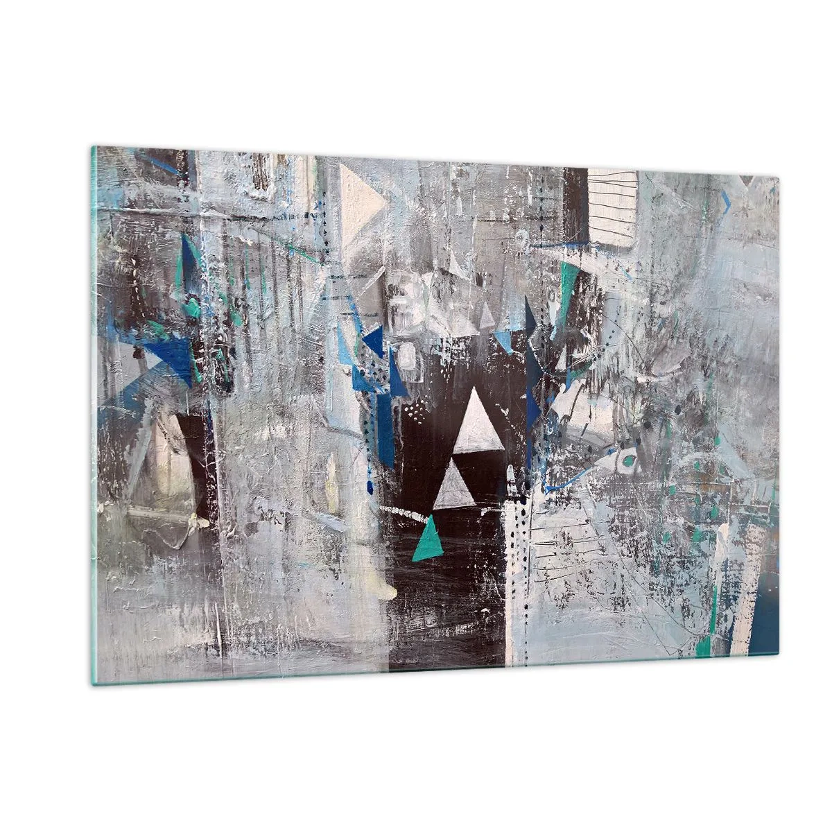 Glasbild - Bild auf glas - Geometrische Dreiecke vor dem Hintergrund einer abstrakten Komposition in Grautönen. - 120x80cm - Überschreibende Reihenfolge der Dreiecke - Moderne Wanddekoration für Wohnzimmer und Schlafzimmer ARTTOR