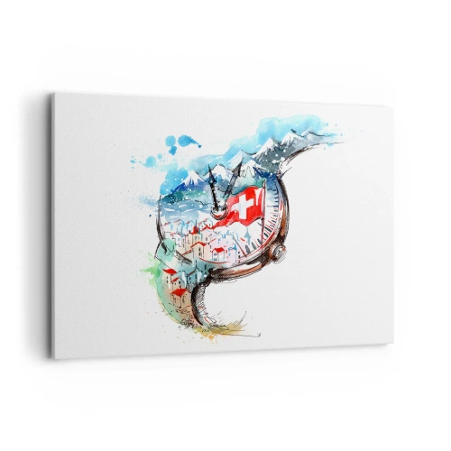 Bild auf Leinwand - Leinwandbild - Eine Aquarelllandschaft der Schweiz im Uhrwerk-Design - 100x70cm - Der Geist der Schweiz - Moderne Wanddekoration für Wohnzimmer und Schlafzimmer ARTTOR