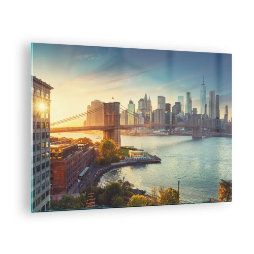 Glasbild - Bild auf glas - New York City-Panorama mit Brooklyn Bridge - 70x50cm - Morgendämmerung der Großstadt - Moderne Wanddekoration für Wohnzimmer und Schlafzimmer ARTTOR