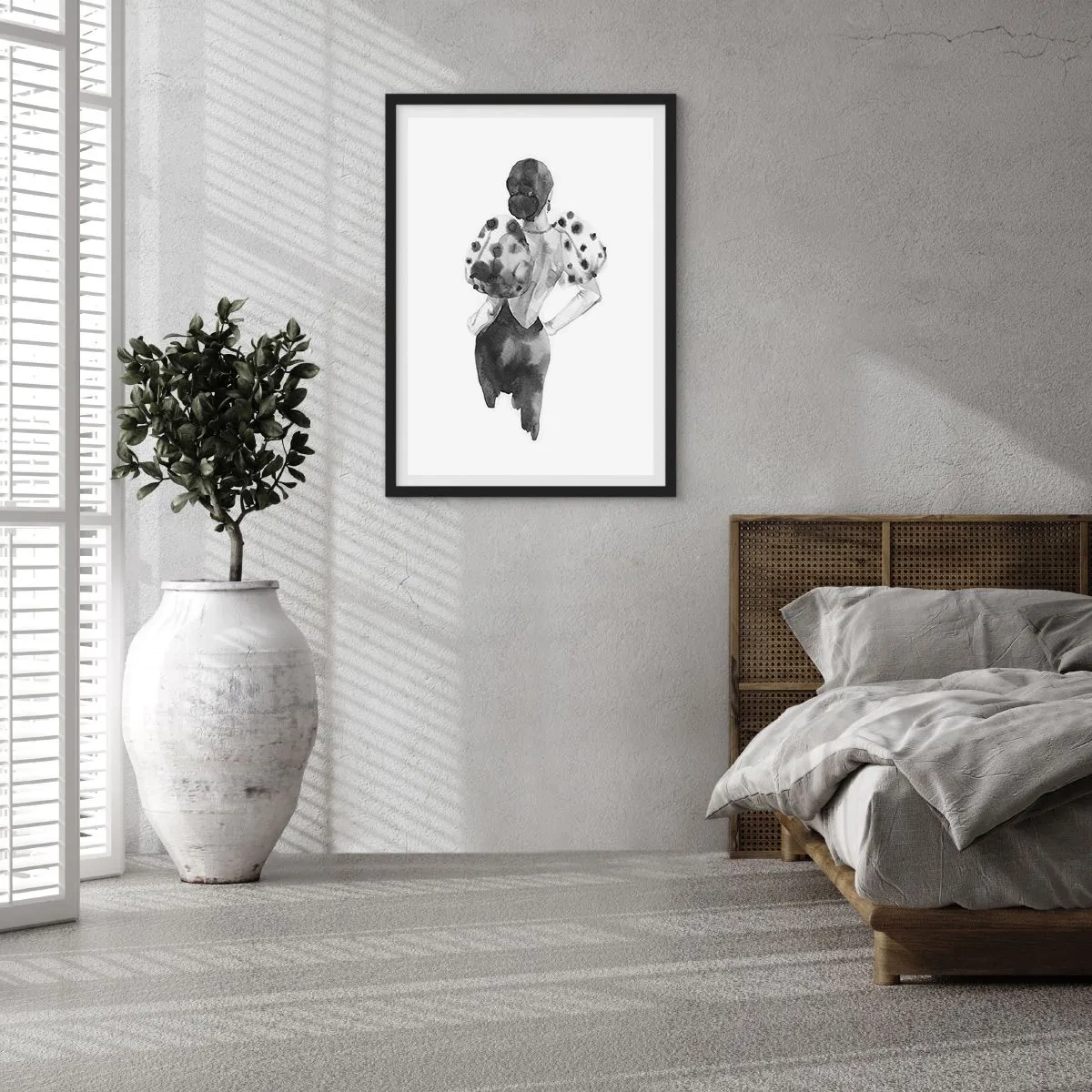 Poster in einem schwarzem Rahmen - Stilvolle Silhouette einer Frau in Schwarz mit elegantem Akzent - 50x70cm - Sie ging direkt vorbei - Moderne Wanddekoration für Wohnzimmer und Schlafzimmer ARTTOR