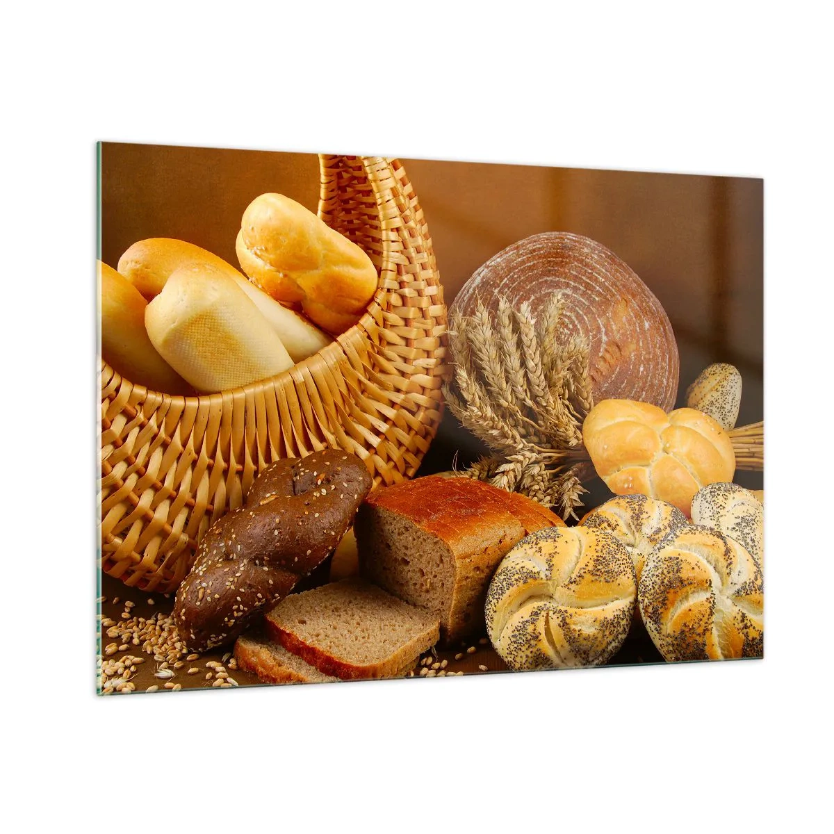 Glasbild - Bild auf glas - Ein Korb mit Brot und Laiben vor dem Hintergrund von Ähren - 100x70cm - Wir sind wieder davongekommen - Moderne Wanddekoration für Wohnzimmer und Schlafzimmer ARTTOR