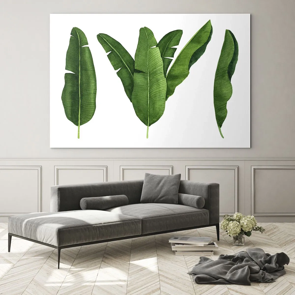 Glasbild - Bild auf glas - Vier grüne Bananenblätter auf weißem Hintergrund - 70x50cm - Grüne Symmetrie - Moderne Wanddekoration für Wohnzimmer und Schlafzimmer ARTTOR