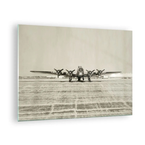 Glasbild - Bild auf glas - Historisches Flugzeug auf dem Flughafen im Sepia-Stil - 70x50cm - Wie immer bereit - Moderne Wanddekoration für Wohnzimmer und Schlafzimmer ARTTOR