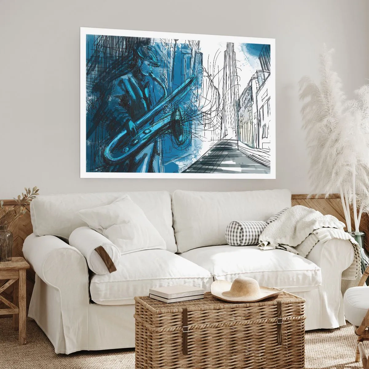 Poster - Eine Saxophon spielende Figur vor dem Hintergrund einer Stadt - 100x70cm - Urbane Rhapsodie - Moderne Wanddekoration für Wohnzimmer und Schlafzimmer ARTTOR