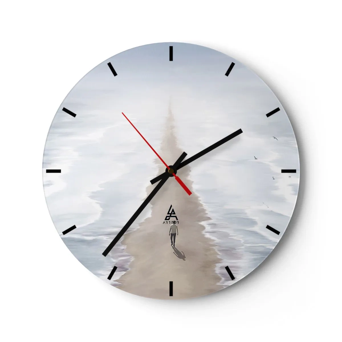 Wanduhr - Glasuhr - Eine Gestalt, die allein auf einem Sandpfad durch das Wasser zum Horizont geht. - 30x30cm - Glänzende Zukunft - Moderne Wanddekoration für Wohnzimmer, Küche und Schlafzimmer ARTTOR