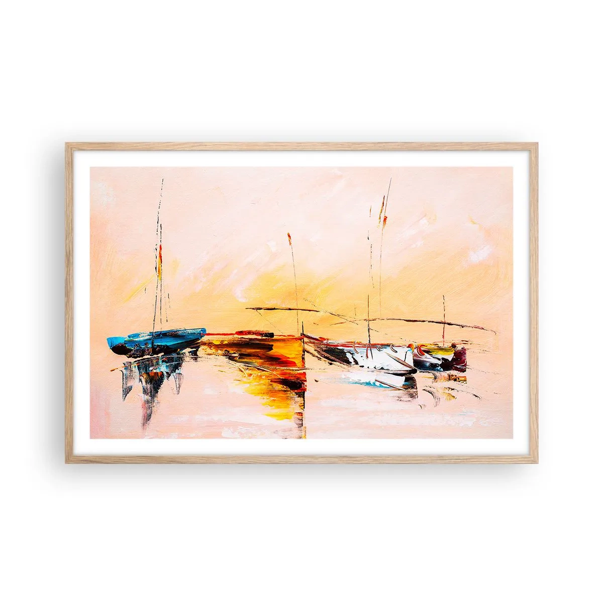 Poster in einem Rahmen aus heller Eiche - Abend im Yachthafen - 91x61 cm