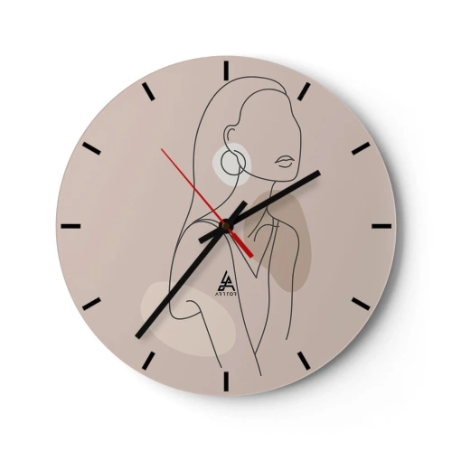 Wanduhr - Glasuhr - Eine minimalistische Linie einer weiblichen Silhouette auf beigem Hintergrund - 30x30cm - Mädchenhafte Ikone - Moderne Wanddekoration für Wohnzimmer, Küche und Schlafzimmer ARTTOR
