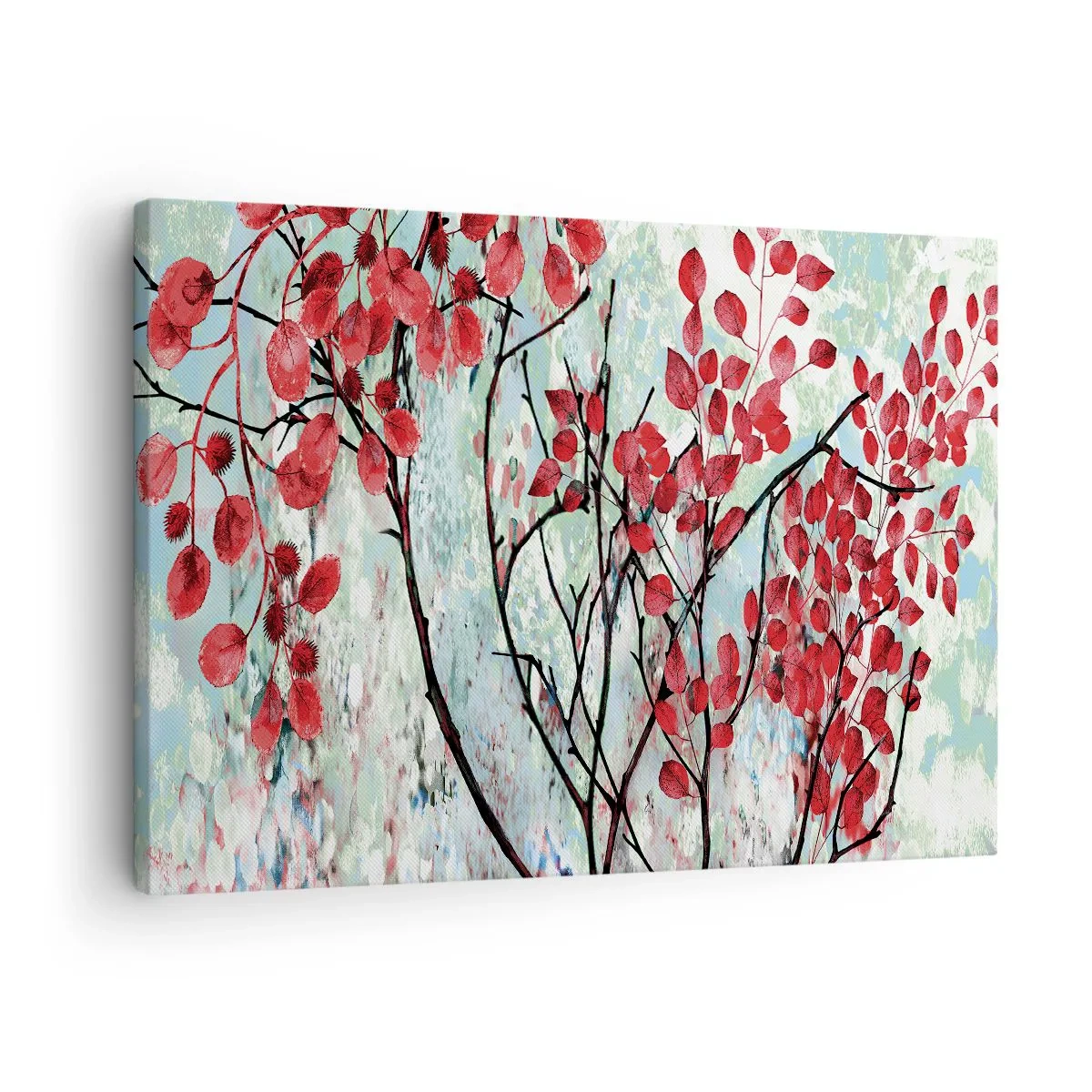 Bild auf Leinwand - Leinwandbild - Rote Blätter vor einem hellen Himmel mit abstrakten Mustern - 70x50cm - Baum in Scharlachrot - Moderne Wanddekoration für Wohnzimmer und Schlafzimmer ARTTOR