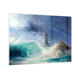 Glasbild - Bild auf glas - Ein Leuchtturm inmitten der rauen Meereswellen - 100x70cm - Auf der Hut vor den Elementen - Moderne Wanddekoration für Wohnzimmer und Schlafzimmer ARTTOR