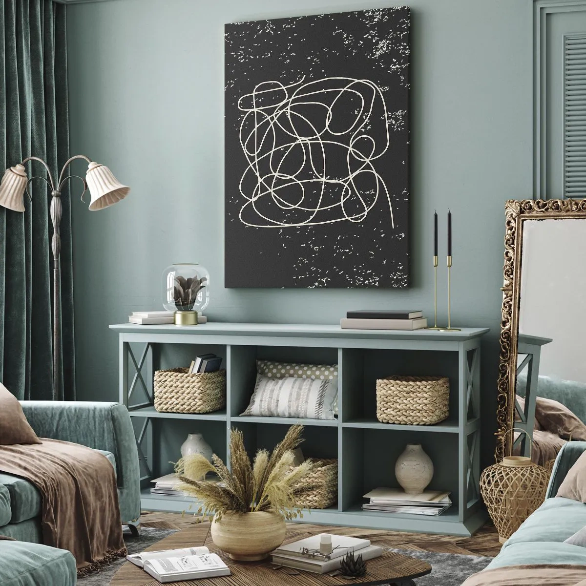 Bild auf Leinwand - Leinwandbild - Abstrakte Linie auf schwarzem Hintergrund mit feinen Details - 50x70cm - Wandernde, umherschweifende Gedanken - Moderne Wanddekoration für Wohnzimmer und Schlafzimmer ARTTOR