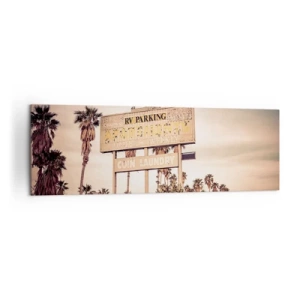 Bild auf Leinwand - Leinwandbild - Retro-Motelschild, umgeben von Palmen - 160x50cm - Hier ist die Zeit stehen geblieben - Moderne Wanddekoration für Wohnzimmer und Schlafzimmer ARTTOR