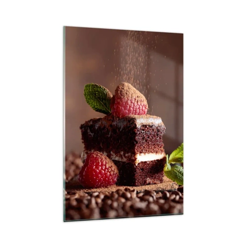 Glasbild - Bild auf glas - Schokoladenkuchen mit Himbeeren und Minze auf einem Hintergrund aus Kakaobohnen - 80x120cm - Das Leben ist süß - Moderne Wanddekoration für Wohnzimmer und Schlafzimmer ARTTOR