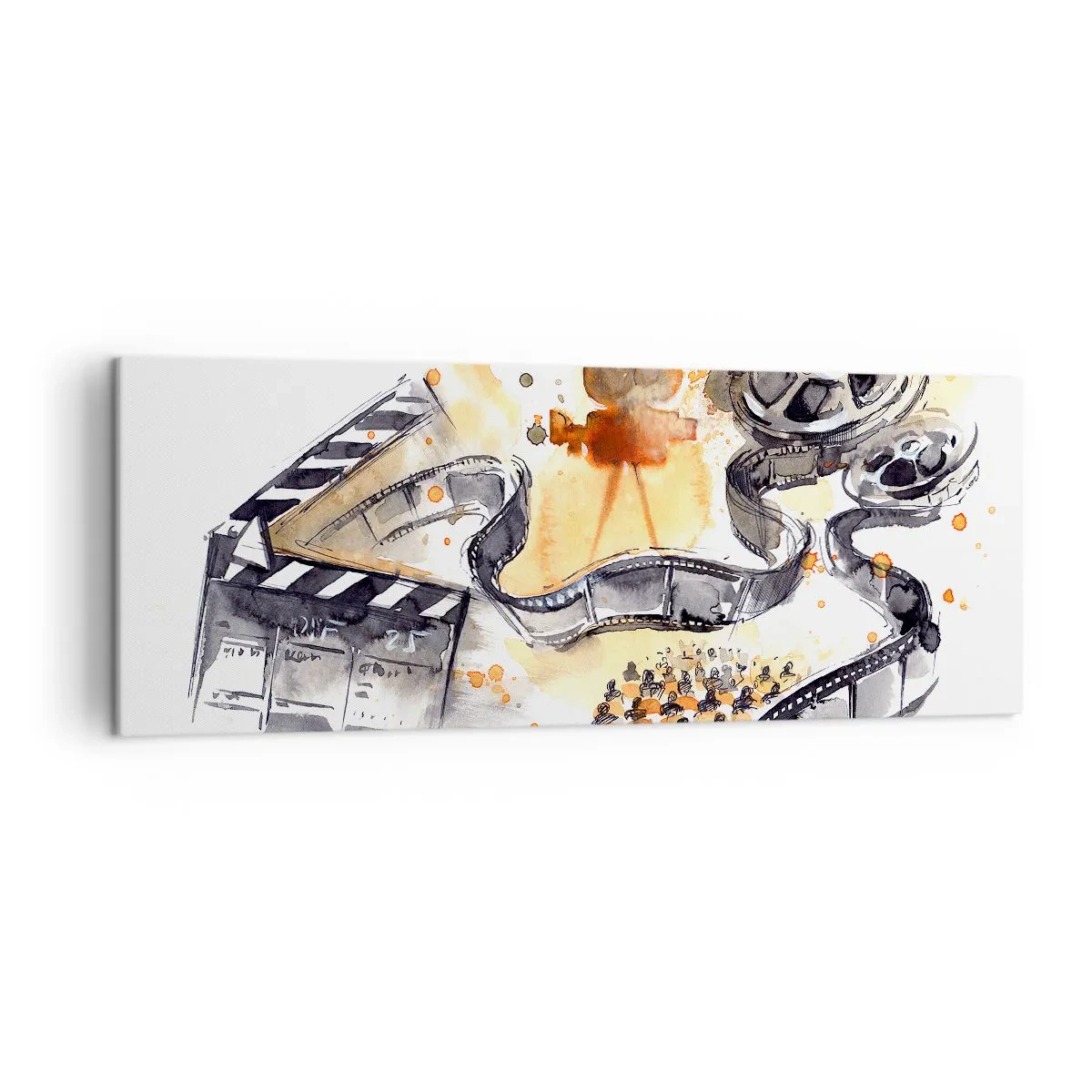Bild auf Leinwand - Leinwandbild - Die Symbolik des Kinos mit einem Filmstreifen in einem künstlerischen Aquarell - 140x50cm - Im Land der Träume - Moderne Wanddekoration für Wohnzimmer und Schlafzimmer ARTTOR