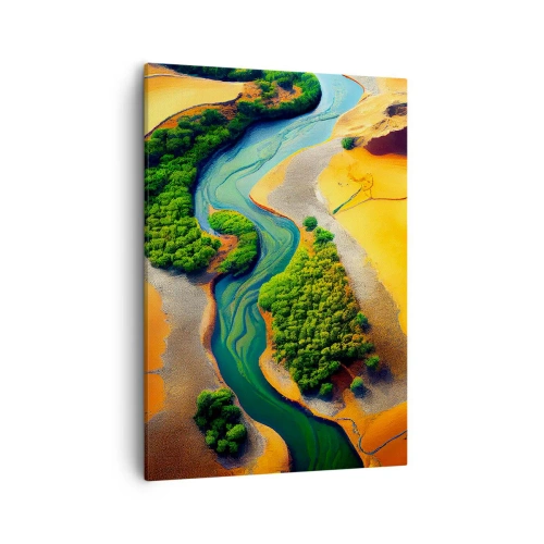 Bild auf Leinwand - Leinwandbild - Ein grüner Fluss, umgeben von goldenem Sand und Vegetation - 50x70cm - Lebensspendender Fluss - Moderne Wanddekoration für Wohnzimmer und Schlafzimmer ARTTOR