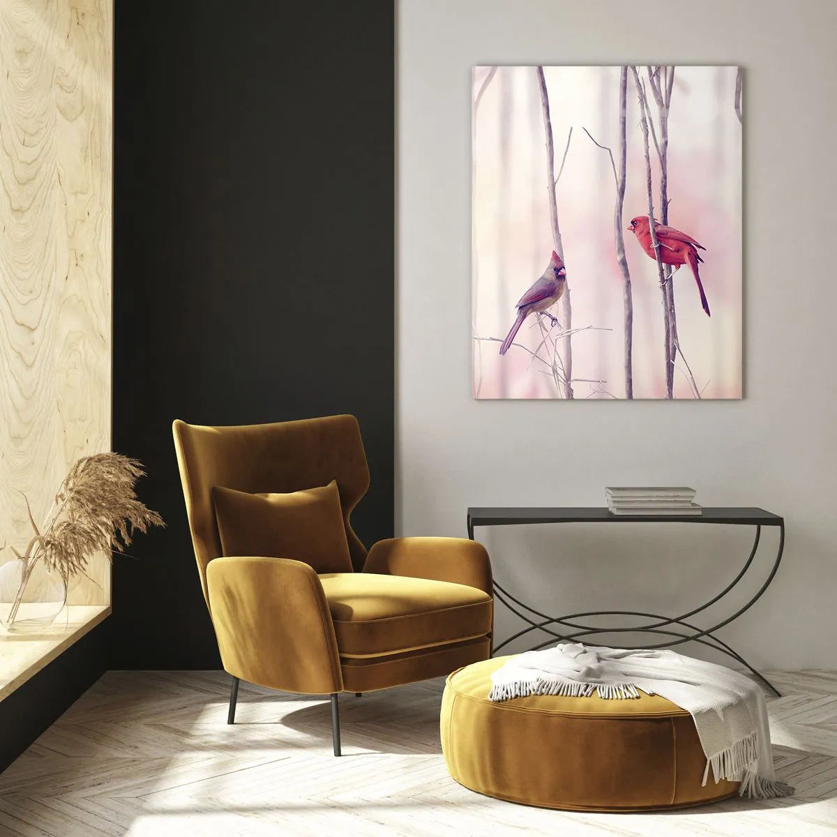 Glasbild - Bild auf glas - Ein Kardinalspaar sitzt auf Ästen in einer pastellfarbenen Landschaft - 80x120cm - Geschichte vom rosa Wald - Moderne Wanddekoration für Wohnzimmer und Schlafzimmer ARTTOR
