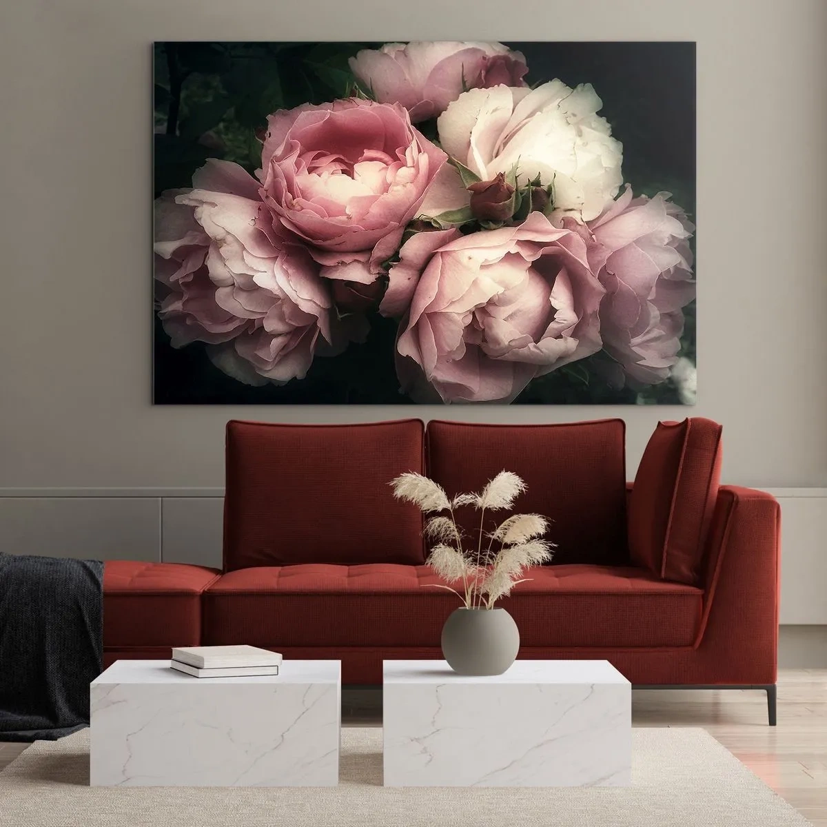 Glasbild - Bild auf glas - Ein Strauß rosa Rosen in sanfter Beleuchtung mit Vintage-Touch - 70x50cm - Der Charme der Belle Epoque - Moderne Wanddekoration für Wohnzimmer und Schlafzimmer ARTTOR