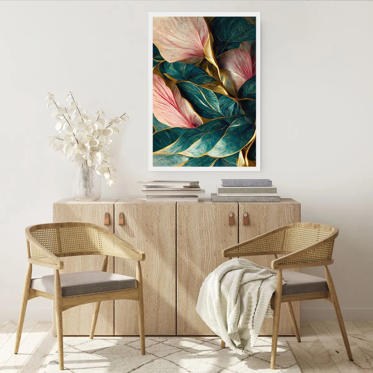 Poster - Eine elegante Komposition aus Blättern in Grün-, Gold- und Rosatönen - 50x70cm - Natürliche Eleganz und Stil - Moderne Wanddekoration für Wohnzimmer und Schlafzimmer ARTTOR