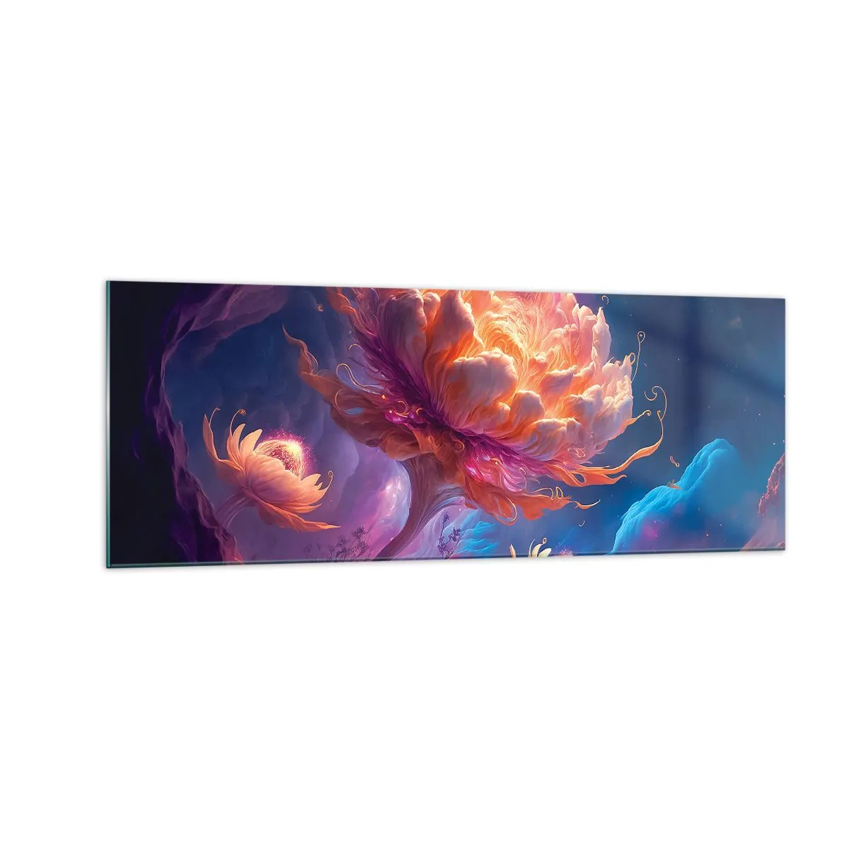 Glasbild - Bild auf glas - Fantasieblumen in einer kosmischen Landschaft - 140x50cm - Andere Welt - Moderne Wanddekoration für Wohnzimmer und Schlafzimmer ARTTOR