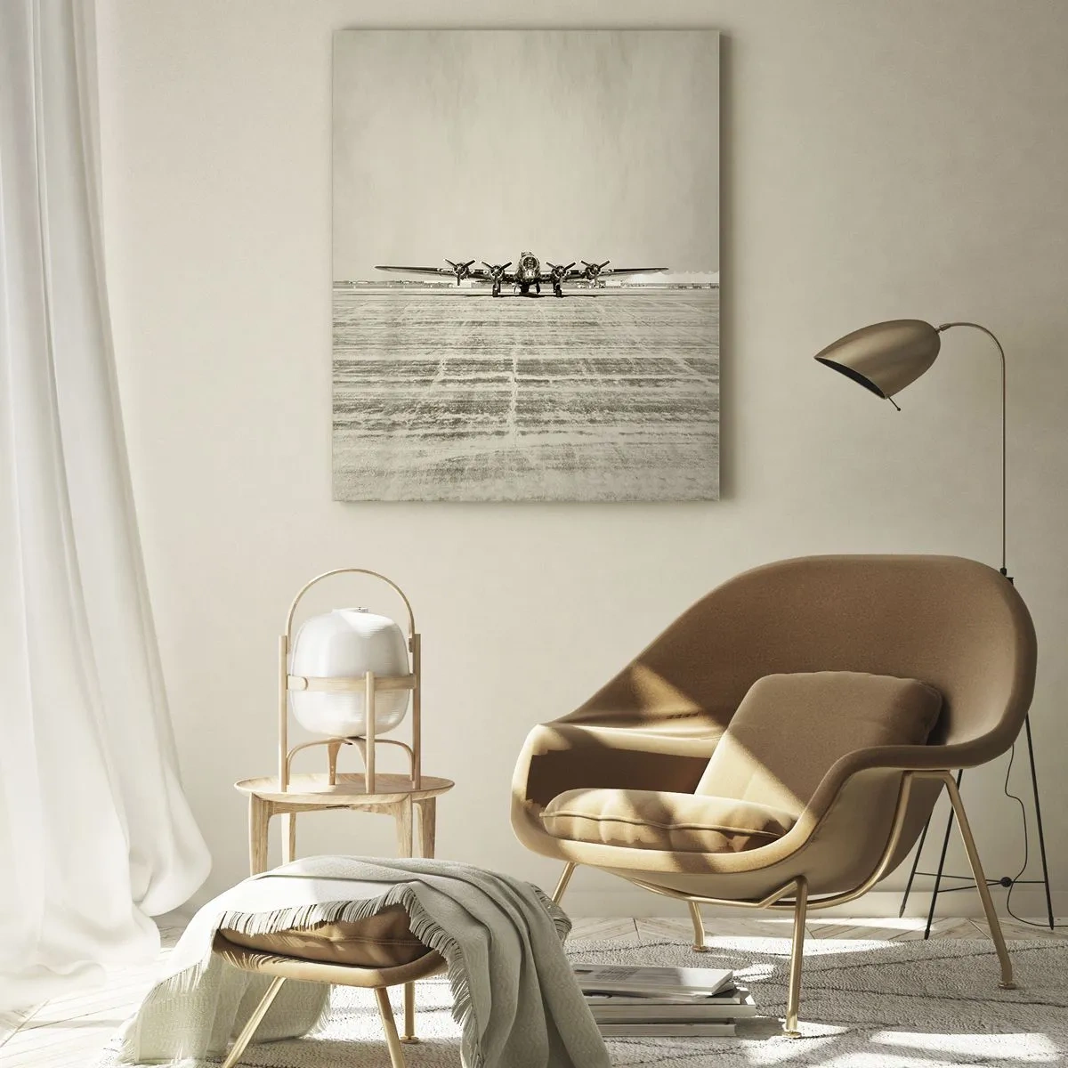 Glasbild - Bild auf glas - Historisches Flugzeug auf dem Flughafen in Sepia - 80x120cm - Wie immer bereit - Moderne Wanddekoration für Wohnzimmer und Schlafzimmer ARTTOR