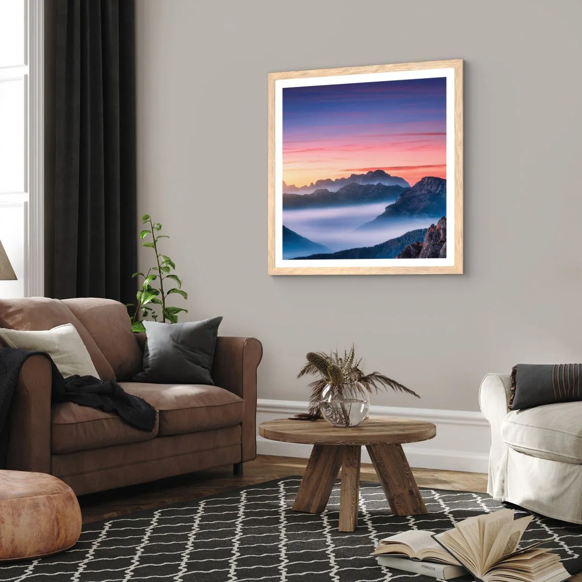 Poster in einem Rahmen aus heller Eiche - Über die Täler - 30x30 cm