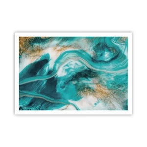 Poster - Türkisfarbene Abstraktion mit weißen und goldenen Akzenten - 100x70cm - Der Fluss aus Gold - Moderne Wanddekoration für Wohnzimmer und Schlafzimmer ARTTOR