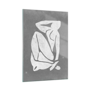 Glasbild - Bild auf glas - Eine minimalistische Silhouette einer Frau auf grauem Hintergrund - 50x70cm - In Gedanken versunken - Moderne Wanddekoration für Wohnzimmer und Schlafzimmer ARTTOR