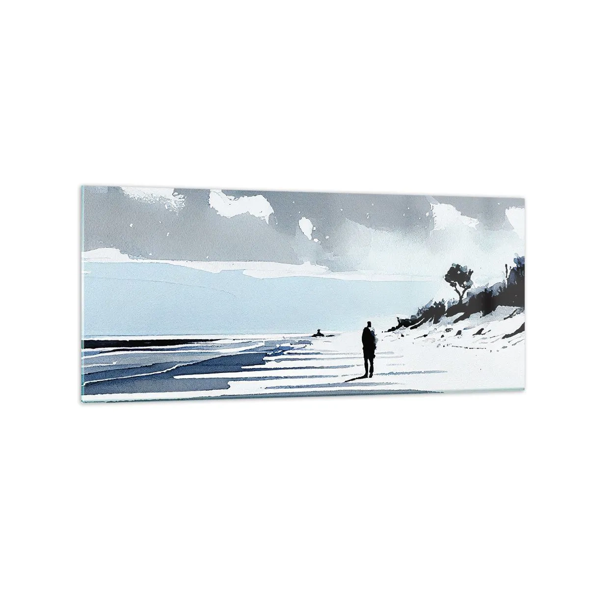 Glasbild - Bild auf glas - Eine einsame Gestalt, die an einem leeren Strand entlanggeht - 120x50cm - Allein sein - Moderne Wanddekoration für Wohnzimmer und Schlafzimmer ARTTOR