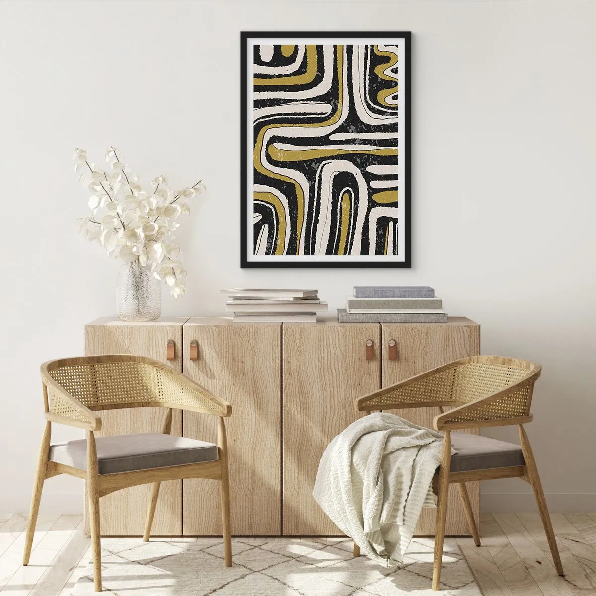 Poster in einem schwarzem Rahmen - Geometrische Abstraktion in Schwarz, Beige und Gold - 50x70cm - Komposition: Straßen und Gassen - Moderne Wanddekoration für Wohnzimmer und Schlafzimmer ARTTOR